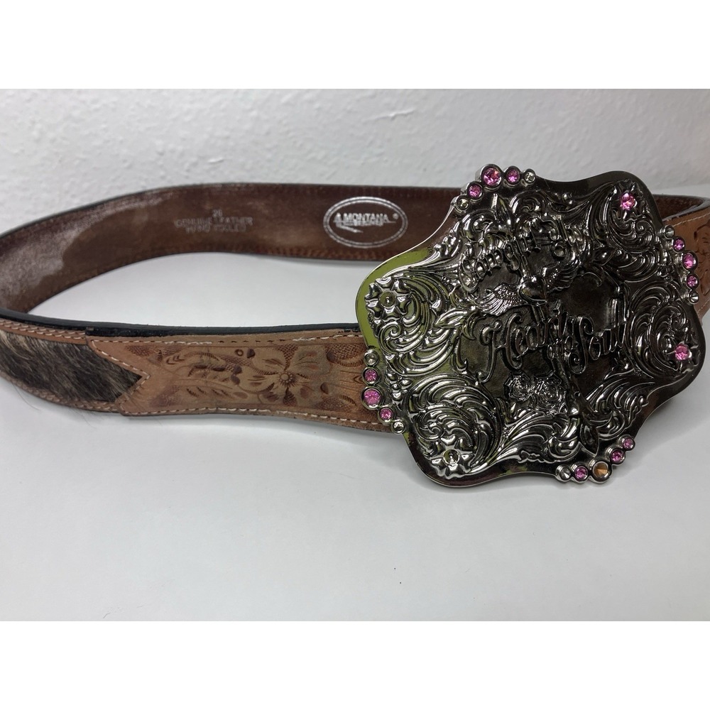 Montana Silversmiths Hand Tooled Leather & Fur Belt Cowgirl Heart & Soul Buckle